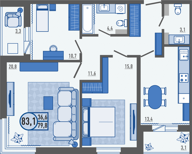 Продажа 3-комнатной квартиры 83,1 м², 8/21 этаж