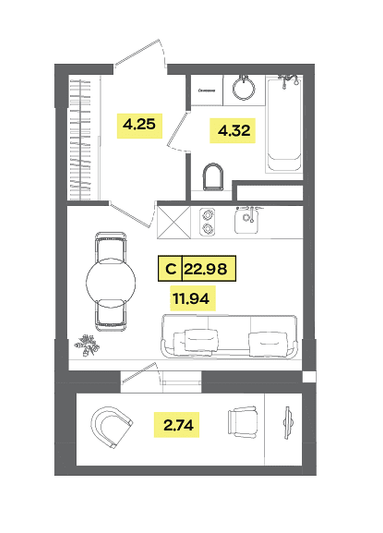 Продажа квартиры-студии 23 м², 7 этаж