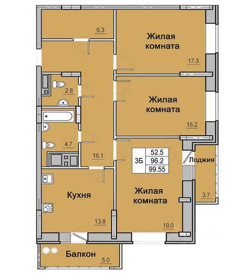Продажа 3-комнатной квартиры 99,6 м², 12/16 этаж