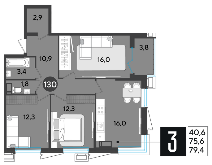 Продажа 3-комнатной квартиры 79,4 м², 16/18 этаж