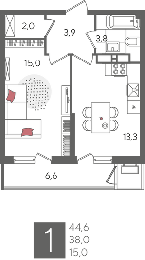 Продажа 1-комнатной квартиры 44,6 м², 22/24 этаж