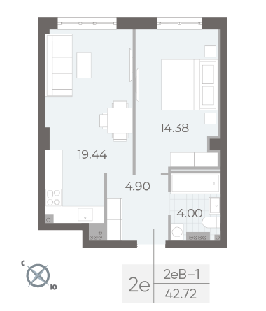 Продажа 1-комнатной квартиры 42,7 м², 4/8 этаж