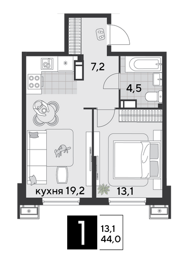 Продажа 1-комнатной квартиры 44 м², 12/18 этаж