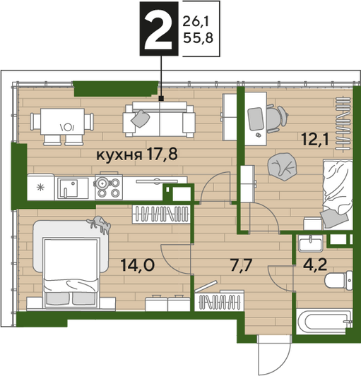 Продажа 2-комнатной квартиры 55,8 м², 16/16 этаж