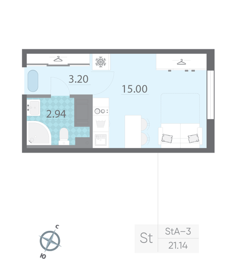 Продажа квартиры-студии 21,1 м², 19/20 этаж