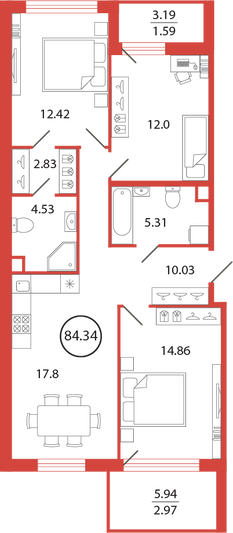 Продажа 3-комнатной квартиры 84,3 м², 2/12 этаж