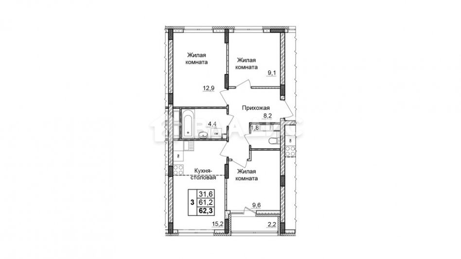 Продажа 3-комнатной квартиры 62,3 м², 10/10 этаж
