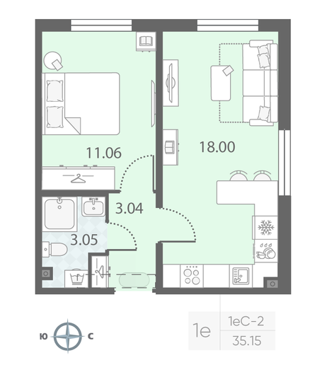 Продажа 1-комнатной квартиры 35,2 м², 2/23 этаж