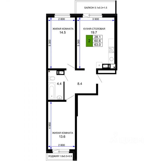 Продажа 2-комнатной квартиры 63 м², 8/16 этаж