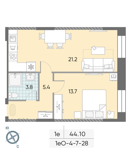 Продажа 1-комнатной квартиры 44,1 м², 13/28 этаж