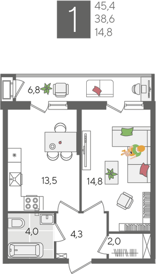 Продажа 1-комнатной квартиры 45,4 м², 2/24 этаж