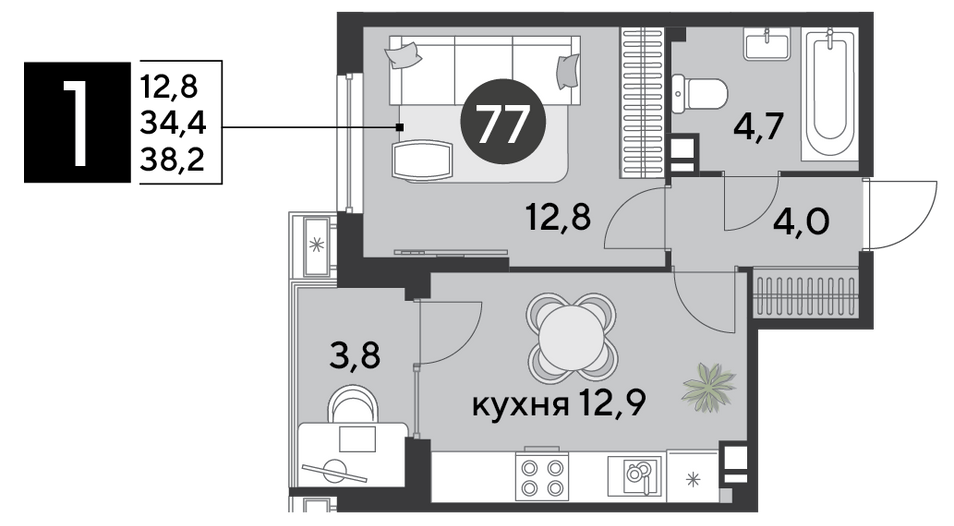 Продажа 1-комнатной квартиры 38,2 м², 9/18 этаж