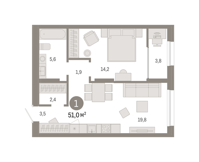 Продажа 1-комнатной квартиры 51 м², 14/17 этаж