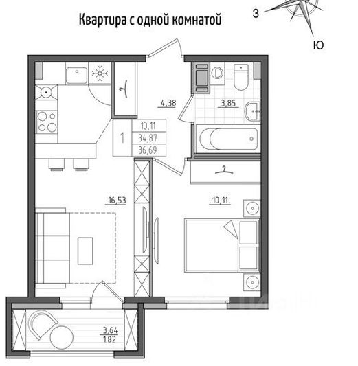 Продажа 1-комнатной квартиры 36,7 м², 9/10 этаж