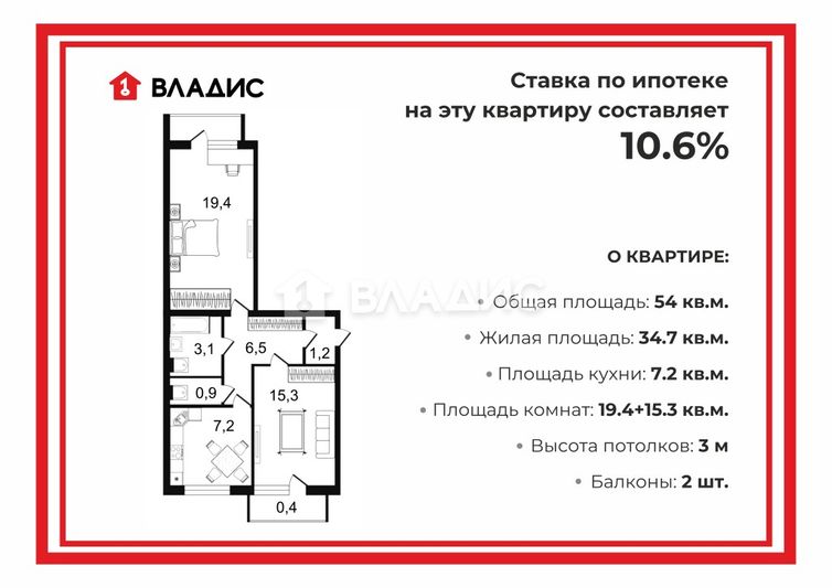 Продажа 2-комнатной квартиры 54 м², 5/5 этаж