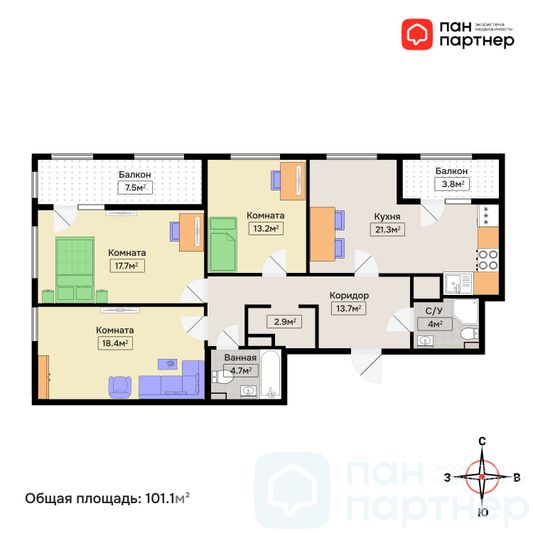 Продажа 3-комнатной квартиры 101,6 м², 3/14 этаж