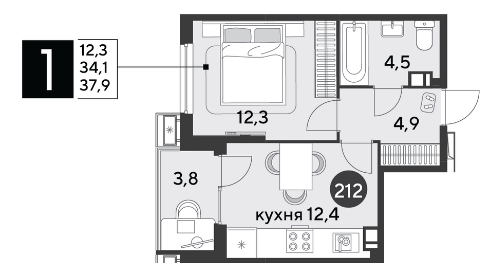 Продажа 1-комнатной квартиры 37,9 м², 6/9 этаж