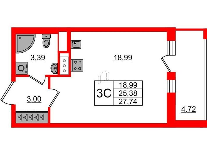 Продажа квартиры-студии 25,4 м², 6/17 этаж