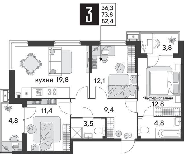 Продажа 3-комнатной квартиры 82,4 м², 2/9 этаж