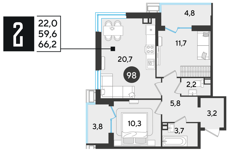 Продажа 2-комнатной квартиры 66,2 м², 4/18 этаж