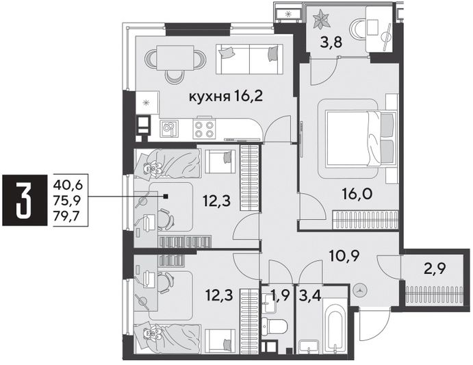 Продажа 3-комнатной квартиры 79,7 м², 5/18 этаж
