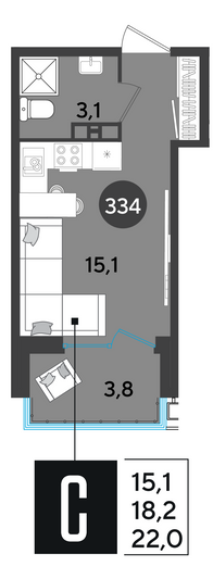 Продажа квартиры-студии 22 м², 5/9 этаж