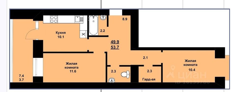 Продажа 2-комнатной квартиры 53,8 м², 2/10 этаж
