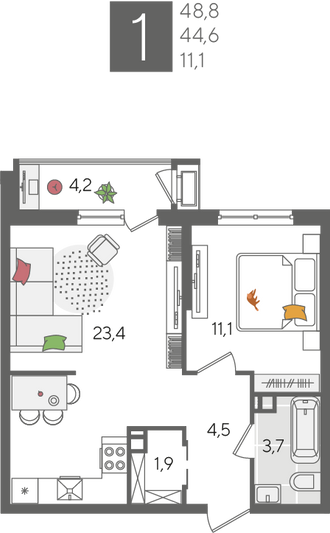 Продажа 1-комнатной квартиры 48,8 м², 5/24 этаж