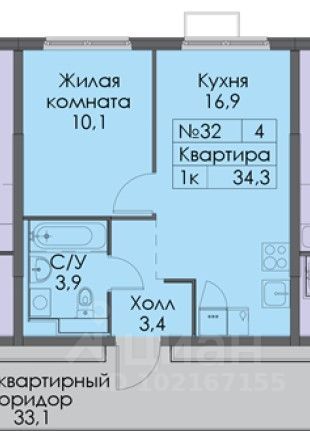 Продажа 1-комнатной квартиры 34,3 м², 4/12 этаж