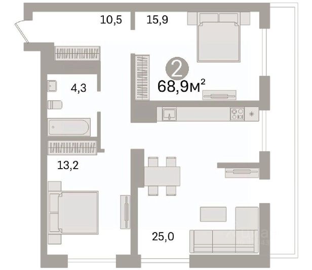 Продажа 2-комнатной квартиры 68,9 м², 24/25 этаж