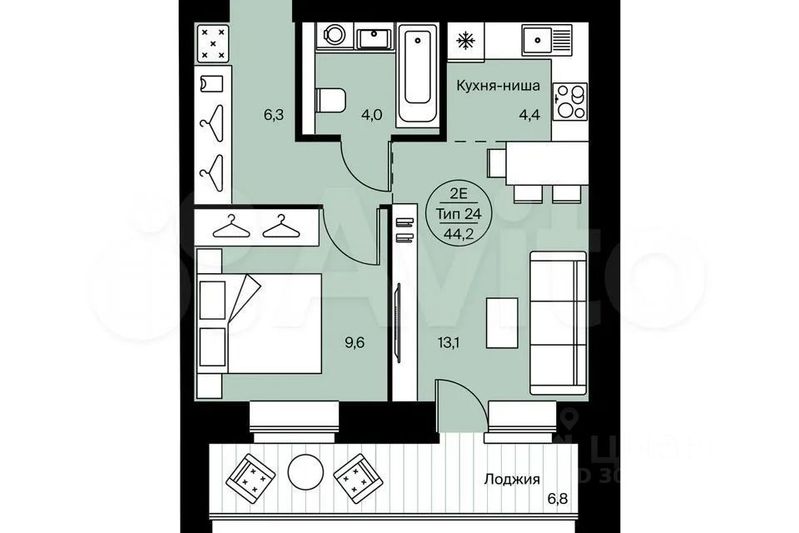 Продажа 2-комнатной квартиры 44,2 м², 14/14 этаж