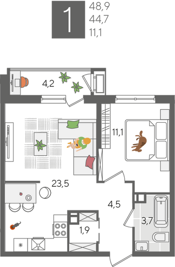Продажа 1-комнатной квартиры 48,9 м², 6/24 этаж