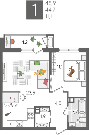 Продажа 1-комнатной квартиры 48,9 м², 8/24 этаж