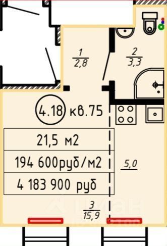 Продажа 1-комнатной квартиры 21 м², 4/5 этаж