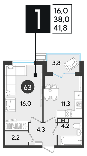 Продажа 1-комнатной квартиры 41,8 м², 8/9 этаж