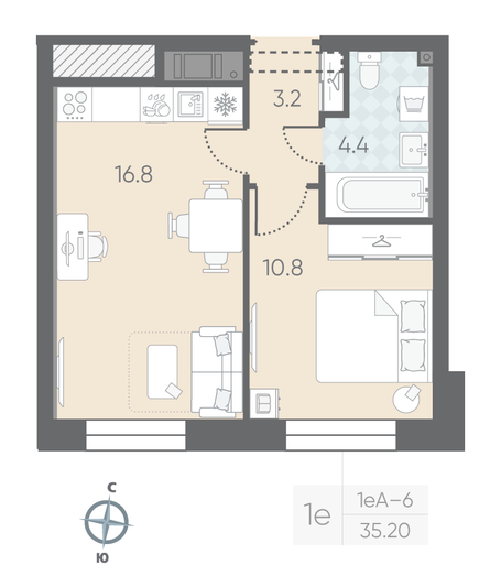Продажа 1-комнатной квартиры 35,2 м², 3/10 этаж