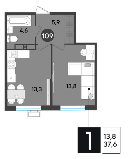 Продажа 1-комнатной квартиры 37,6 м², 12/18 этаж