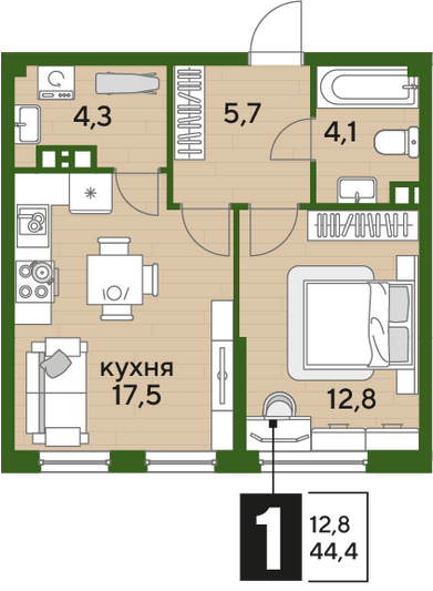 Продажа 1-комнатной квартиры 44,4 м², 8/16 этаж