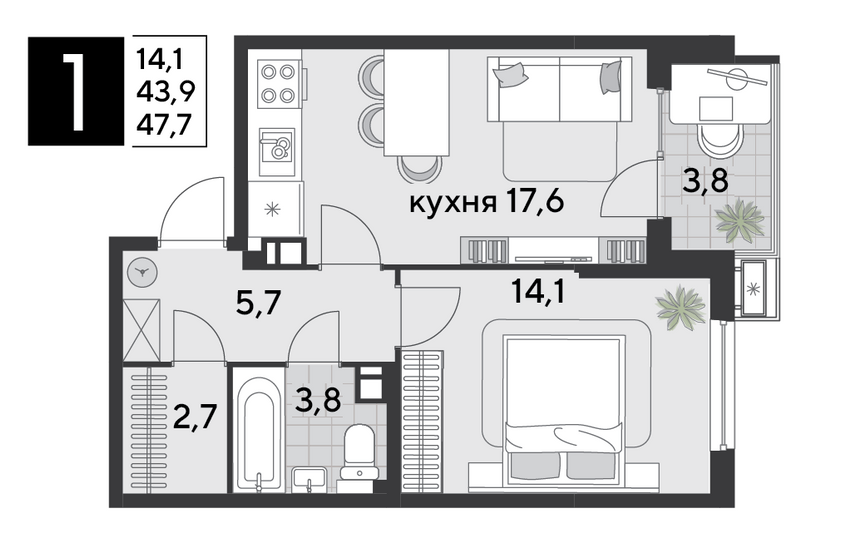 Продажа 1-комнатной квартиры 47,7 м², 9/9 этаж