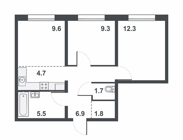 Продажа 3-комнатной квартиры 51,8 м², 1/16 этаж