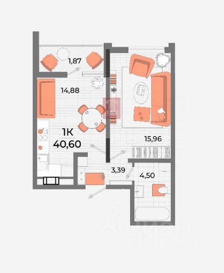 Продажа 1-комнатной квартиры 40,6 м², 10/10 этаж