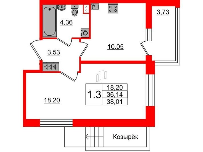 Продажа 1-комнатной квартиры 36,1 м², 1/12 этаж