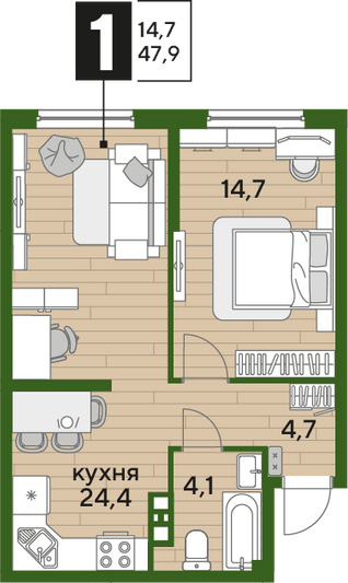 Продажа 1-комнатной квартиры 47,9 м², 5/19 этаж