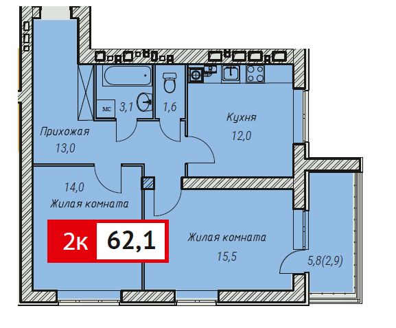 Продажа 2-комнатной квартиры 62,1 м², 2/10 этаж