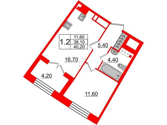 Продажа 1-комнатной квартиры 38,1 м², 5/8 этаж