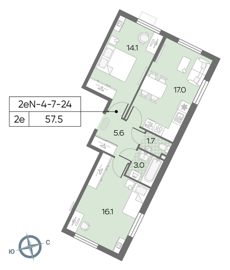 Продажа 2-комнатной квартиры 57,5 м², 12/24 этаж