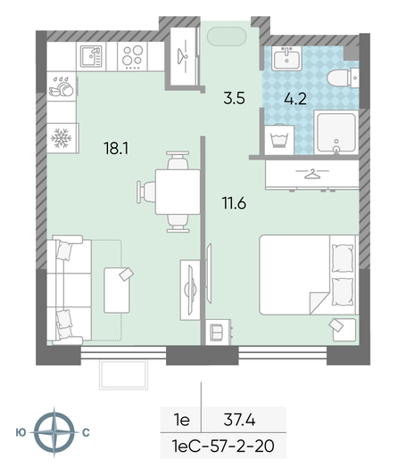 Продажа 1-комнатной квартиры 37,4 м², 20/24 этаж