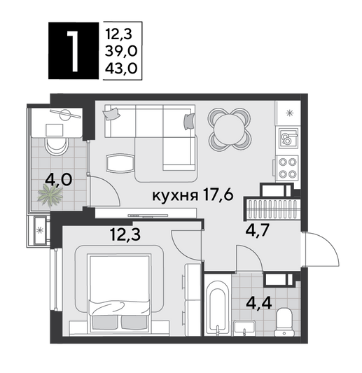 Продажа 1-комнатной квартиры 43 м², 12/18 этаж