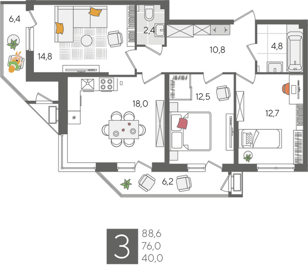 Продажа 3-комнатной квартиры 88,6 м², 2/24 этаж