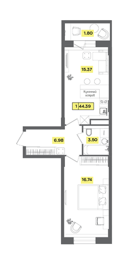 Продажа 2-комнатной квартиры 44,4 м², 4 этаж